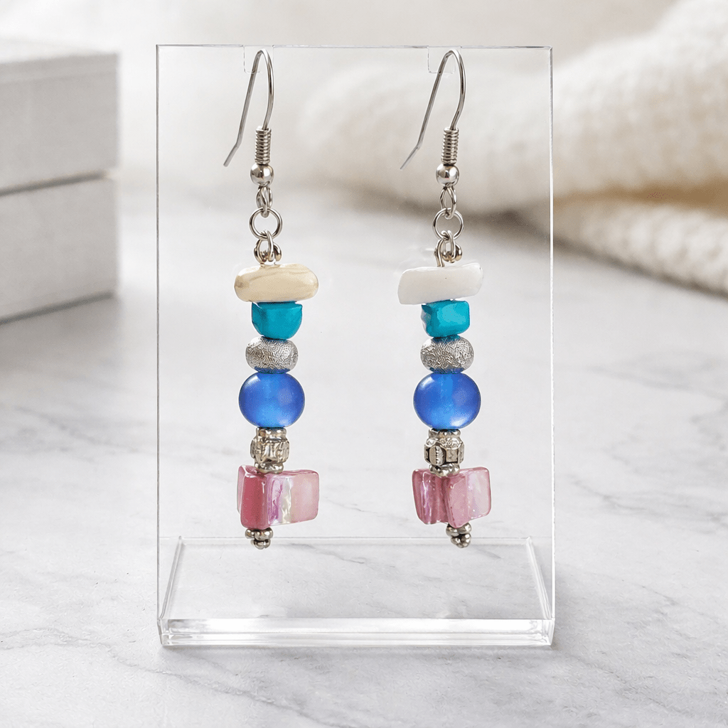 Blue and Pink Stacked Beads Earrings