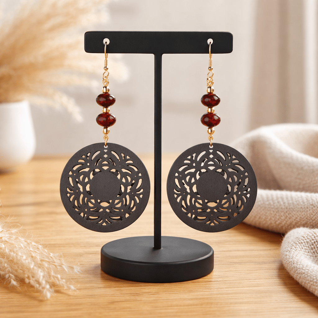 Dark Wood Coin and Recycled Bead Earrings