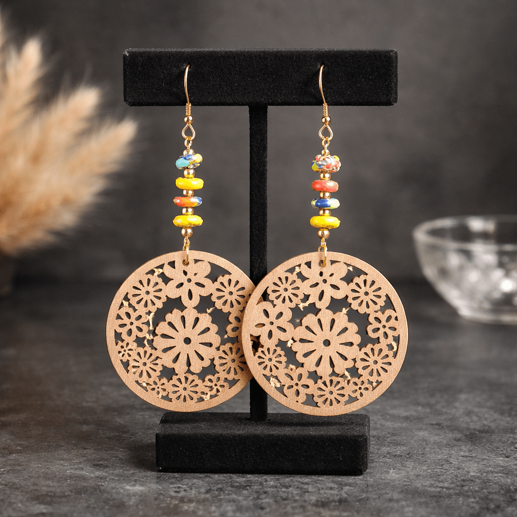 Floral Sandy Wooden Coin and Kumasi Bead Earrings