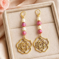 Rosey Pink Rose Earrings in Gold