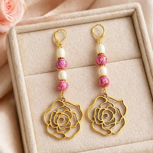 Rosey Pink Earrings in Gold | Mamabug ReCreations - Artisan Jewelry