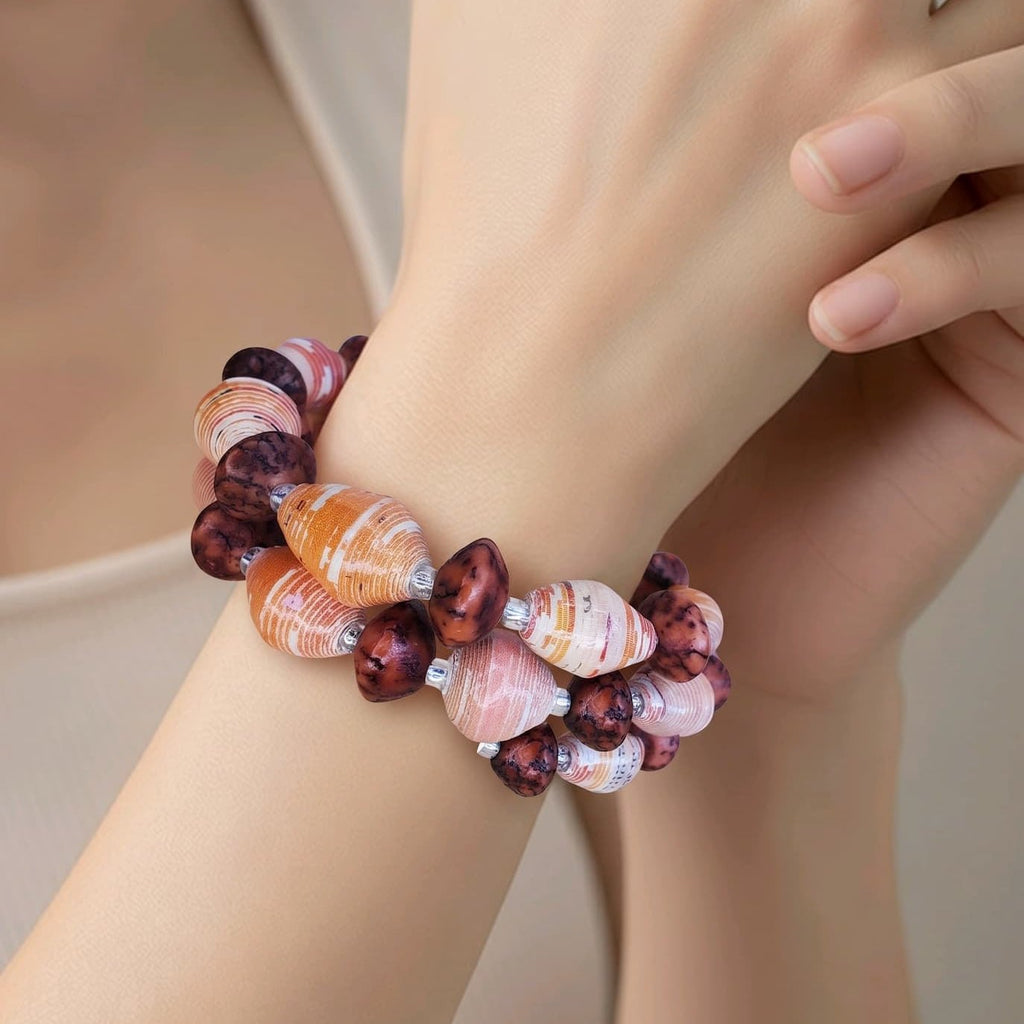 Peachy-Orange & Red Recycled Bead Bracelet (MW)