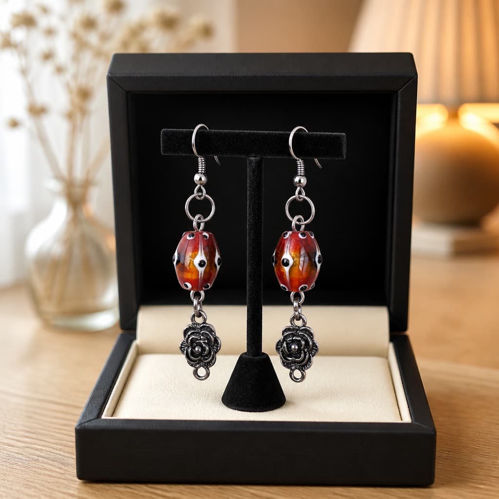 Red-Brown Lampwork Bead Earrings