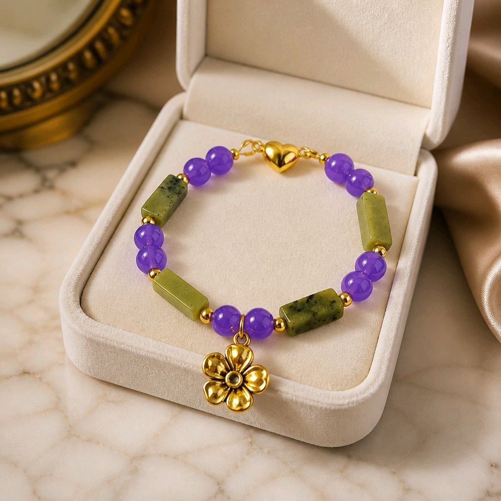 Golden Flower with Olive Jade Bracelet (W)
