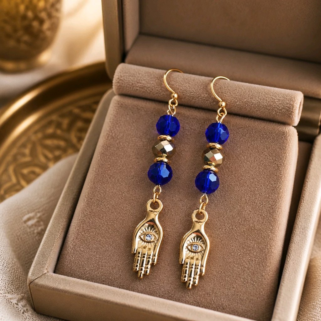 Gold Hamsa (Hand of Fatima) with Crystals Earrings