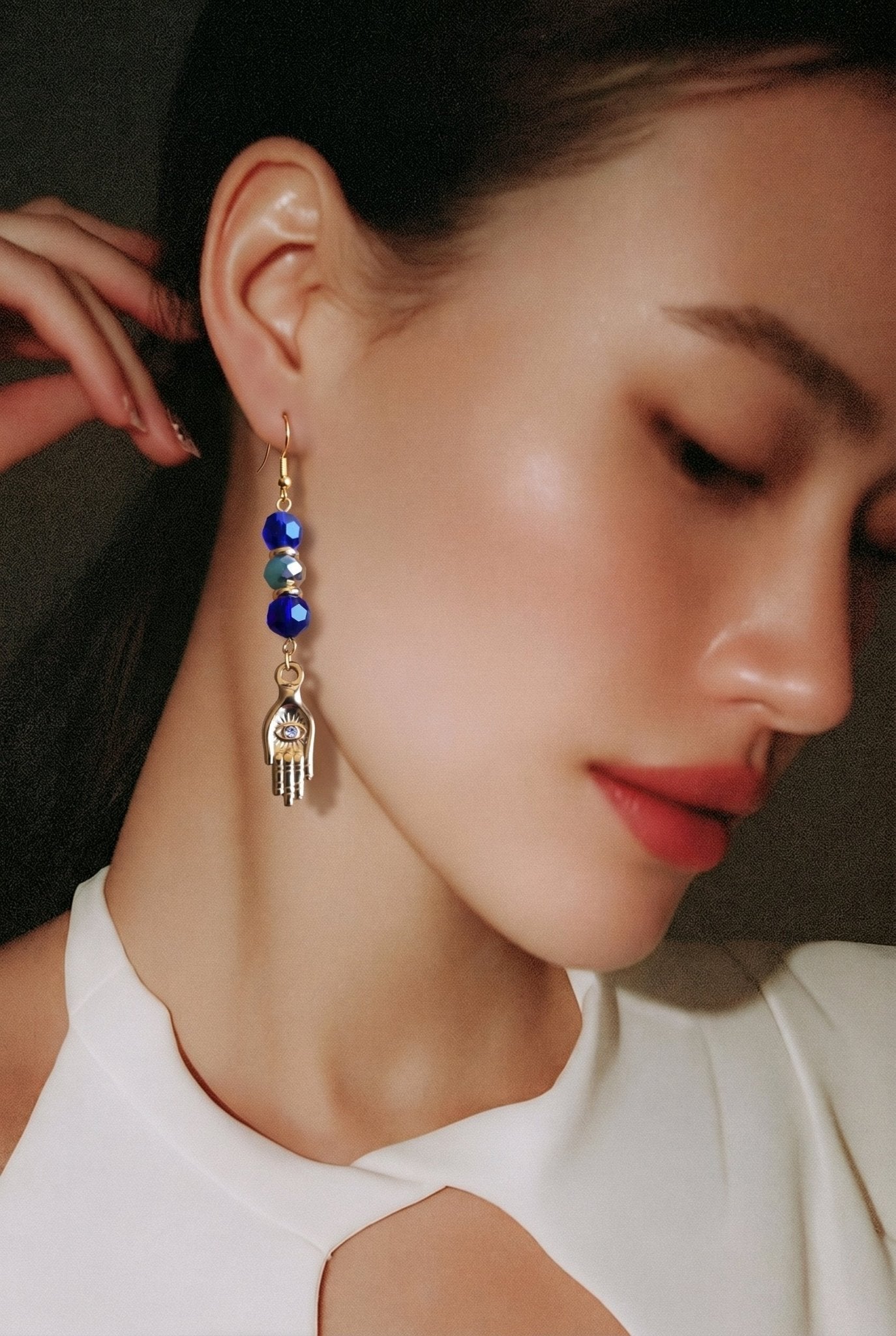 Gold Hamsa (Hand of Fatima) with Crystals Earrings | Mamabug ReCreations - Artisan Jewelry