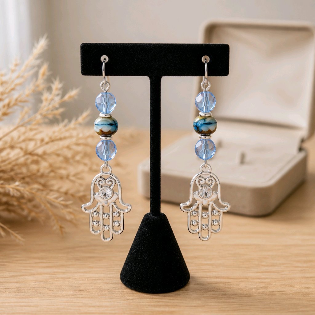 Silver Hamsa (Hand of Fatima) with Light Blue Crystal Earrings