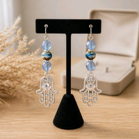 Silver Hamsa (Hand of Fatima) with Light Blue Crystal Earrings