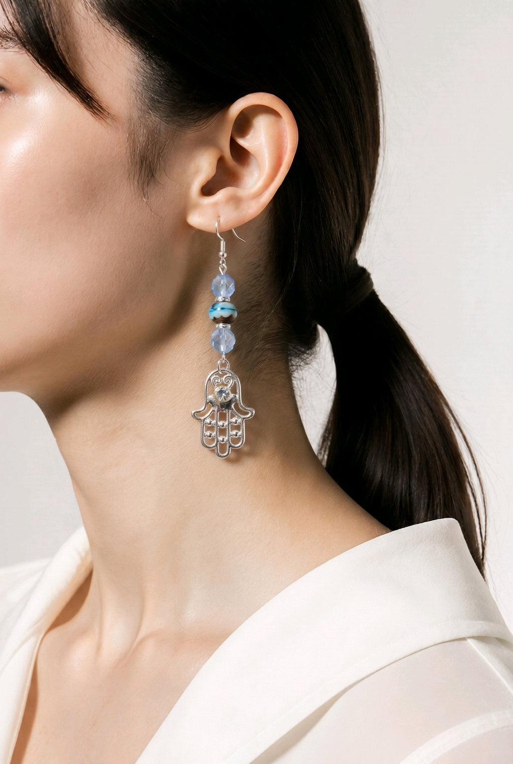 Silver Hamsa (Hand of Fatima) with Light Blue Crystal Earrings