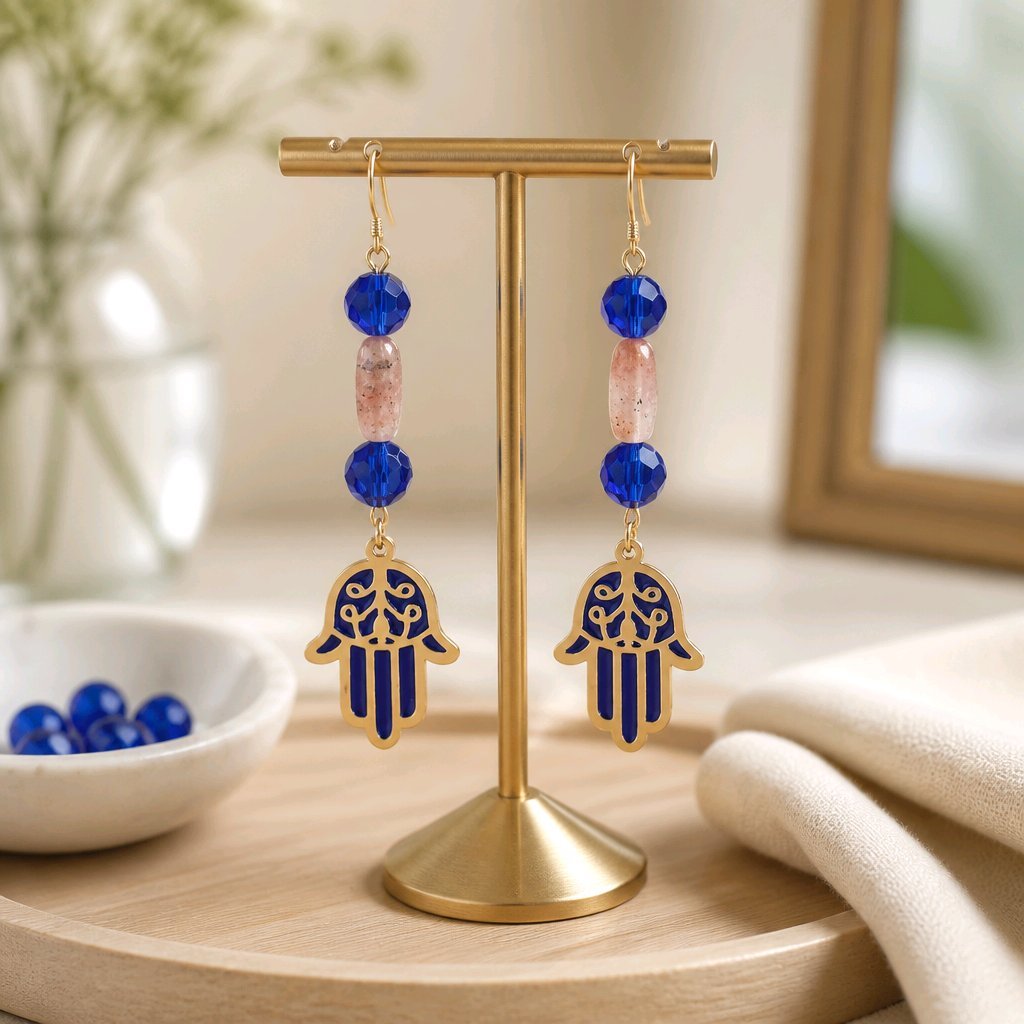 Blue Hamsa — Hand of Fatima with Gold Earrings