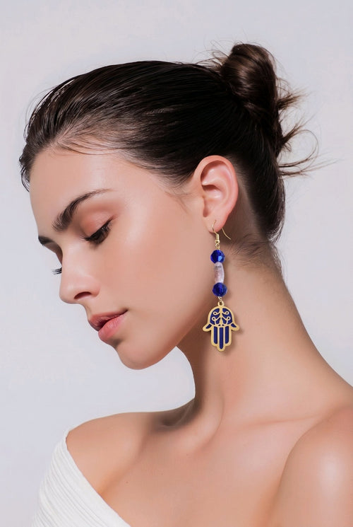 Blue Hamsa — Hand of Fatima with Gold Earrings | Mamabug ReCreations - Artisan Jewelry