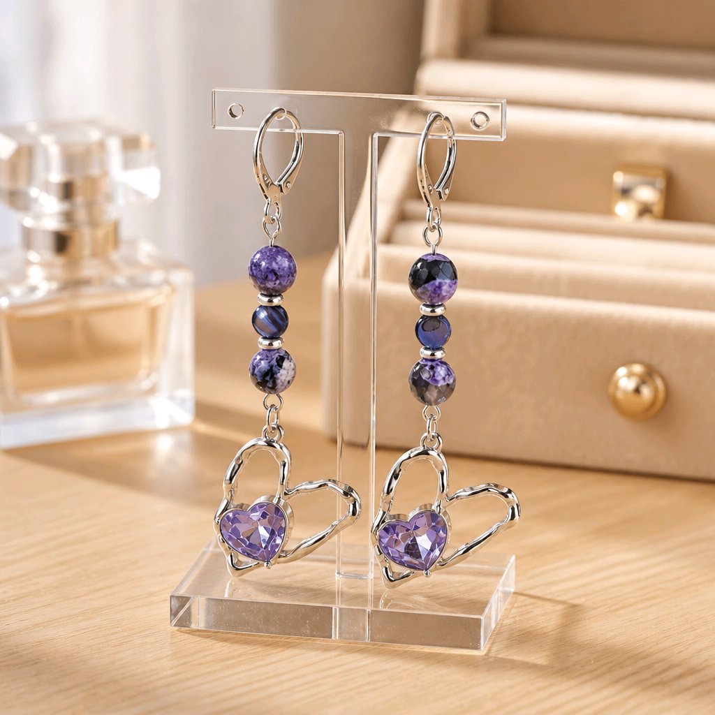 Silver Hammered Heart with Purple Crystal Heart Earrings