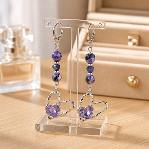 Silver Hammered Heart with Purple Crystal Heart Earrings | Mamabug ReCreations - Artisan Jewelry