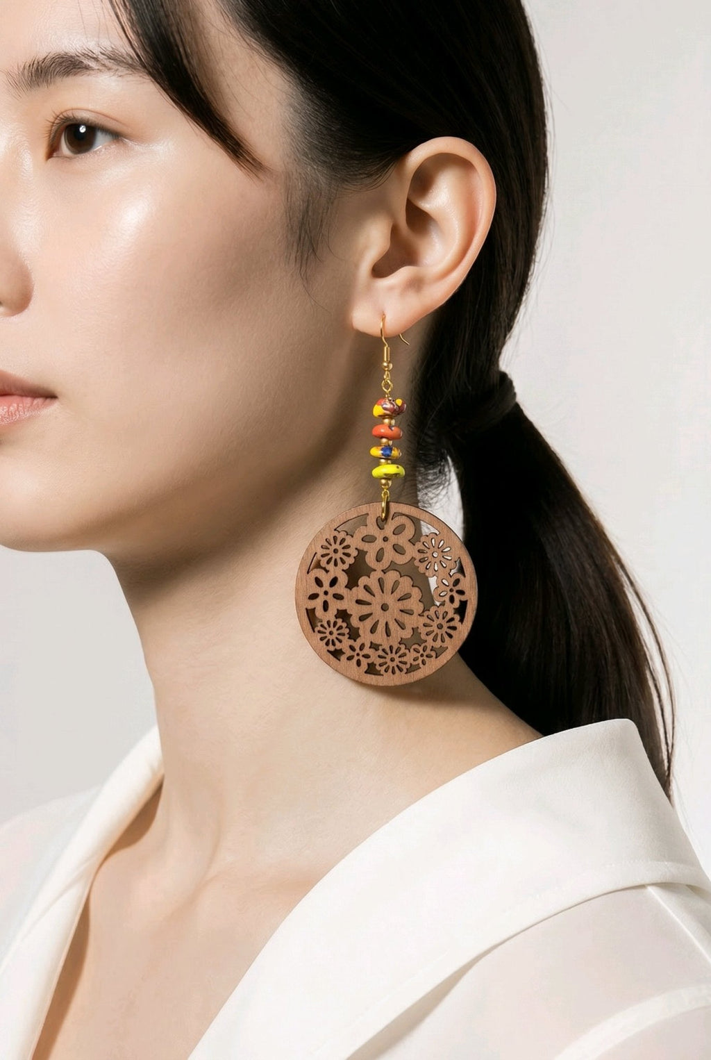 Floral Sandy Wooden Coin and Kumasi Bead Earrings
