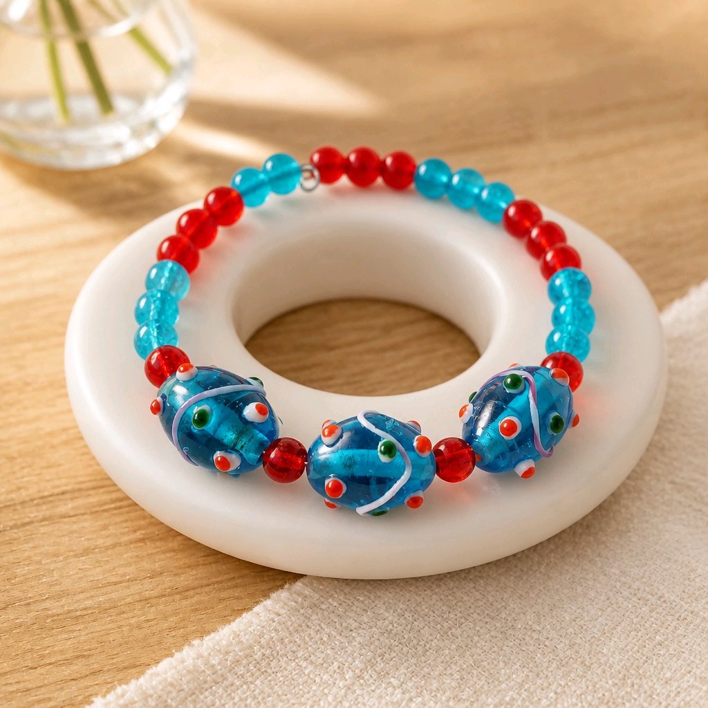 Blue and Red Lampwork Beaded Bracelet (MW)