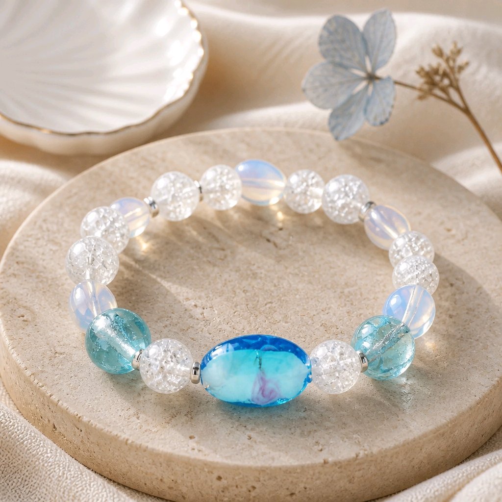 Blue and White Lampwork Beaded Bracelet (MW)