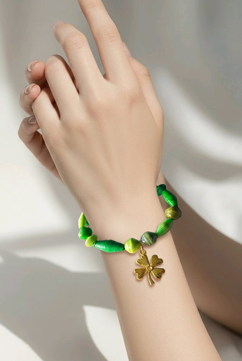 Green Recycled Bracelet with Gold Four - Leaf Clover (MW) | Mamabug ReCreations - Artisan Jewelry