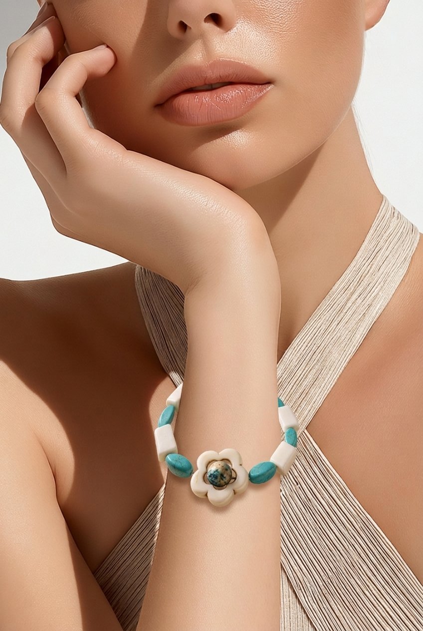 White Stone Flower Bracelet - Turquoise Edition (MW) | Mamabug ReCreations - Artisan Jewelry