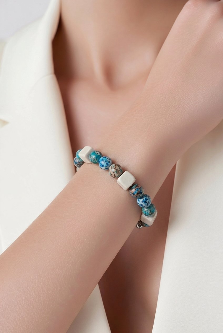 River Stone and Blue Bead Bracelet (MW)