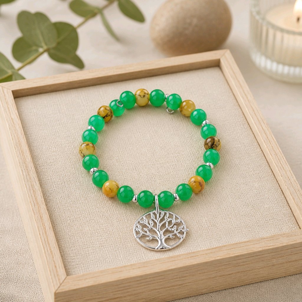 Silver Tree of Life Bracelet with Green and Yellow Glass Beads (MW)