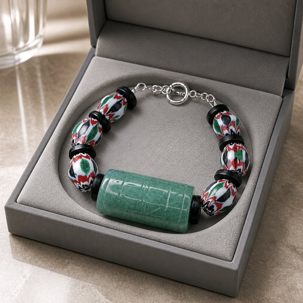 Green Jade and African Chevron Beads Bracelet (W)