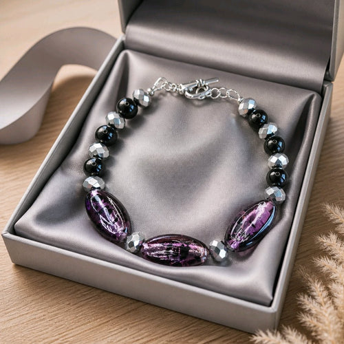Amethyst Glass with Platinum and Obsidian Beads Bracelet (W) | Mamabug ReCreations - Artisan Jewelry