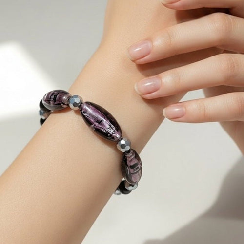 Amethyst Glass with Platinum and Obsidian Beads Bracelet (W) | Mamabug ReCreations - Artisan Jewelry