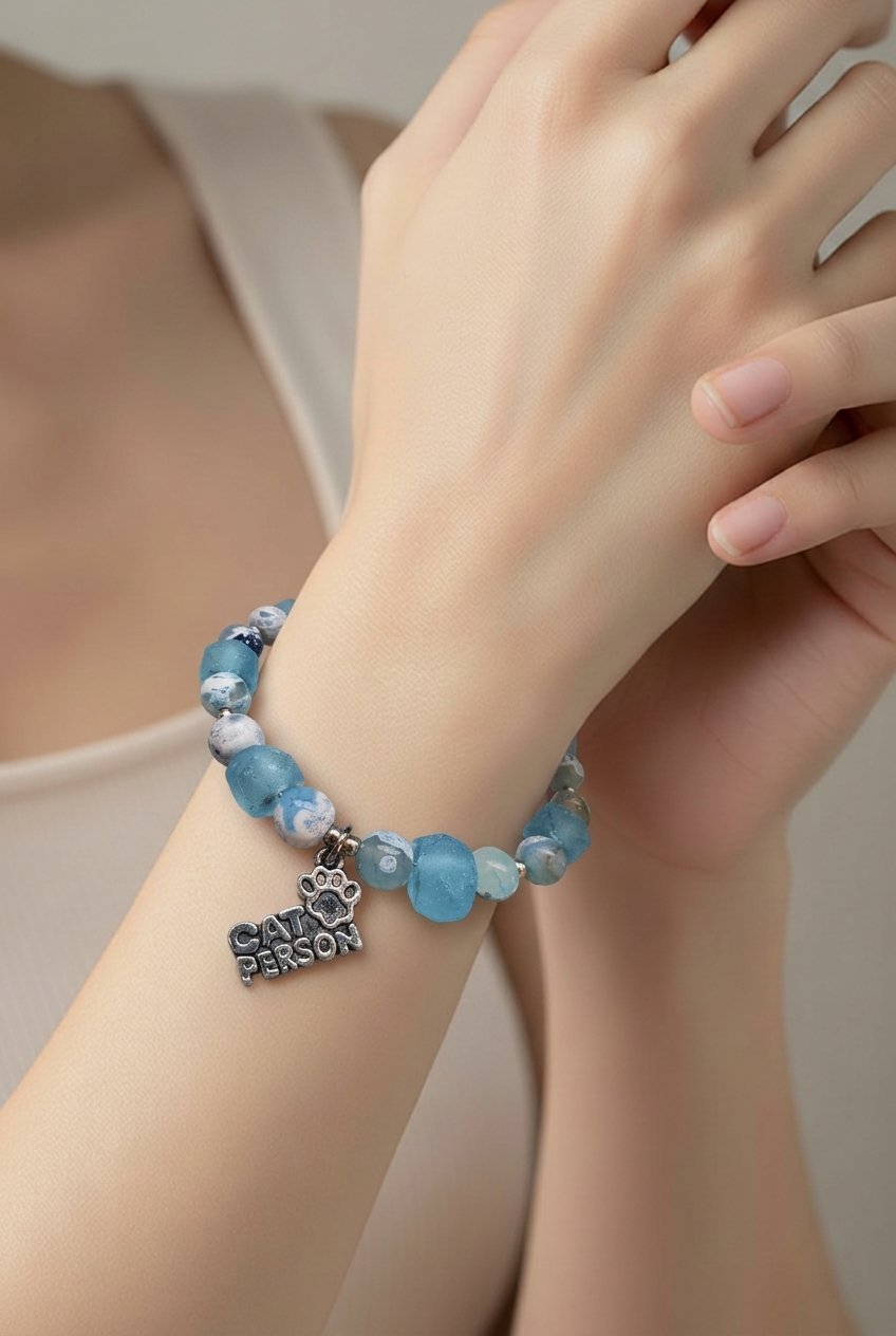 Cat Person Bracelet - Sky Blue Jasper & Recycled Sea Glass (MW)