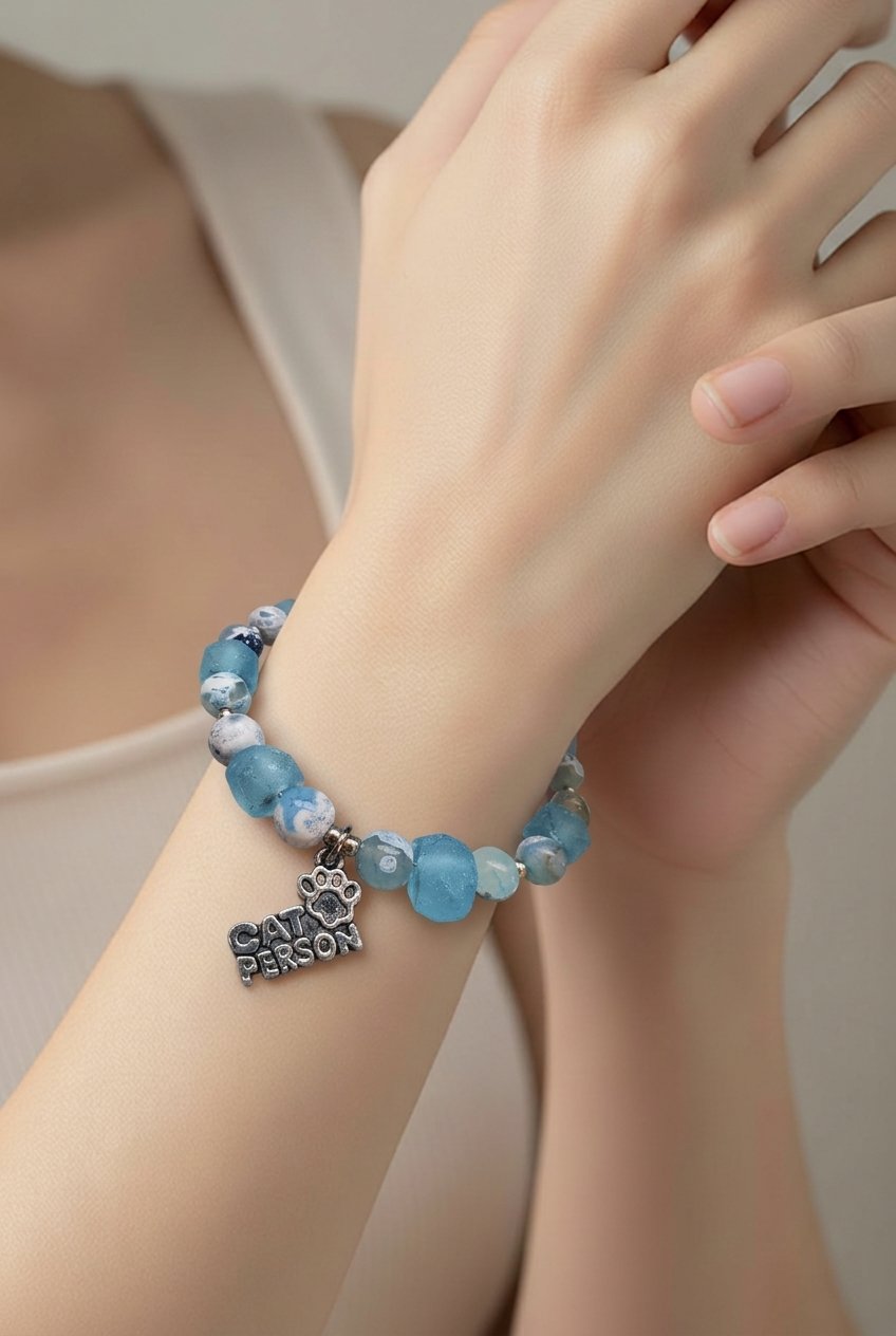 Cat Person Bracelet - Sky Blue Jasper & Recycled Sea Glass (MW) | Mamabug ReCreations