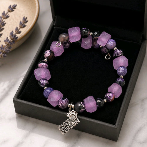 Cat Person Bracelet - Crackle Agate & Candied Purple Sea Glass (MW) | Mamabug ReCreations