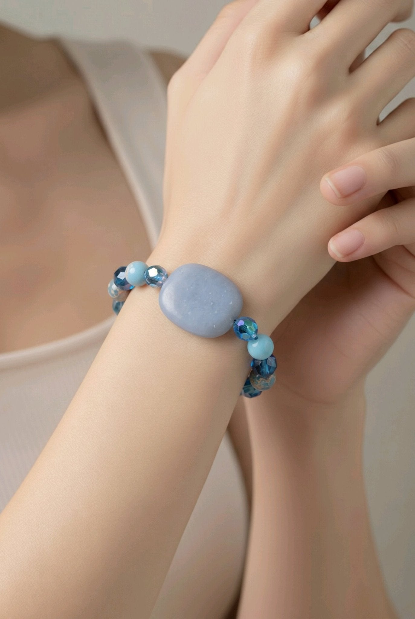 Angelite Focal Bracelet - Sky Blue Jasper & Czech Fire Polished Glass (W) | Mamabug ReCreations - Artisan Jewelry