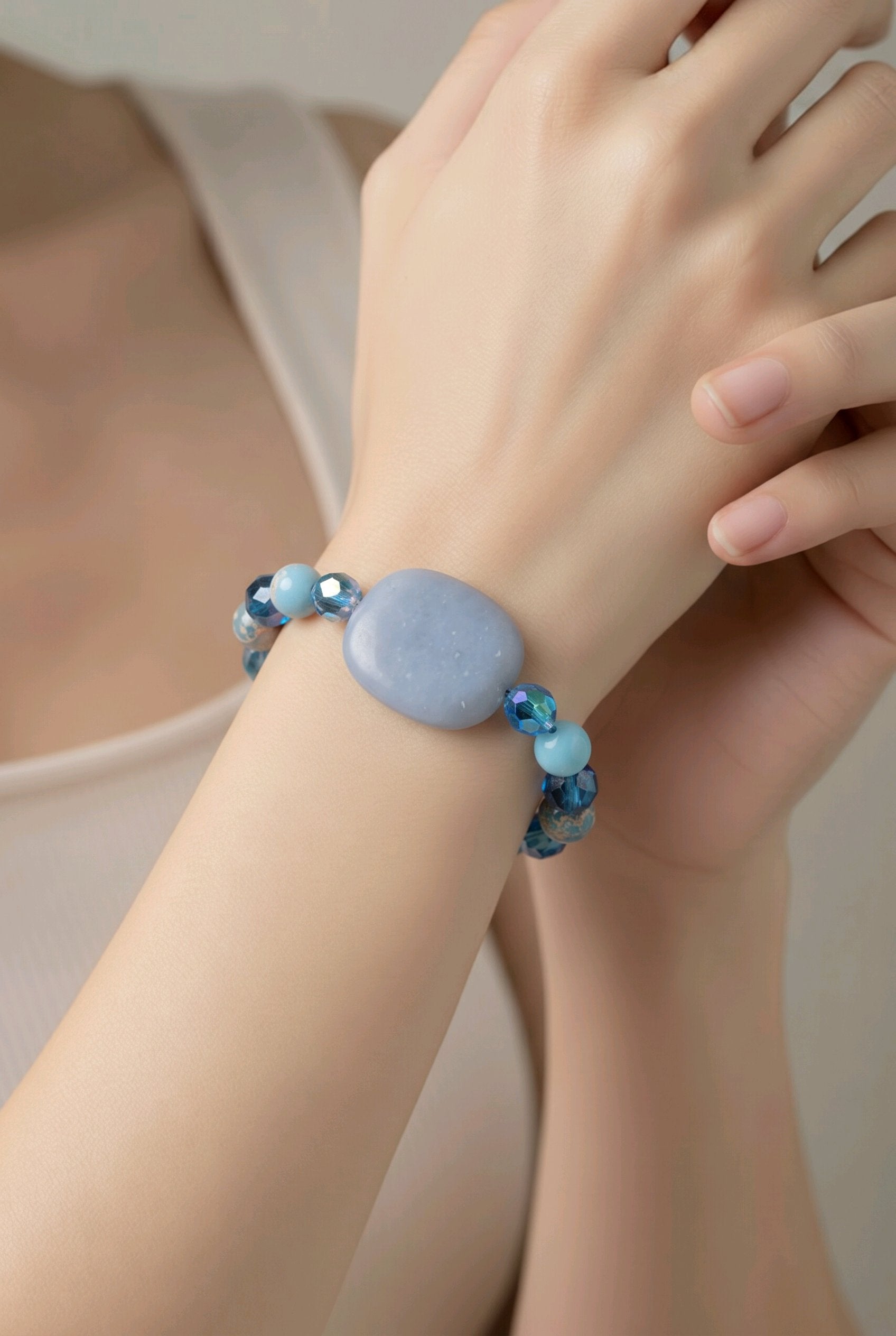 Angelite Focal Bracelet - Sky Blue Jasper & Czech Fire Polished Glass (W) | Mamabug ReCreations