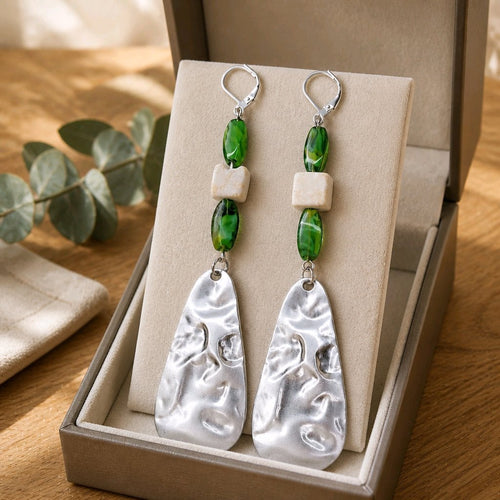 Marble Dangle Earrings - Green Glass & Riverstone | Mamabug ReCreations - Artisan Jewelry