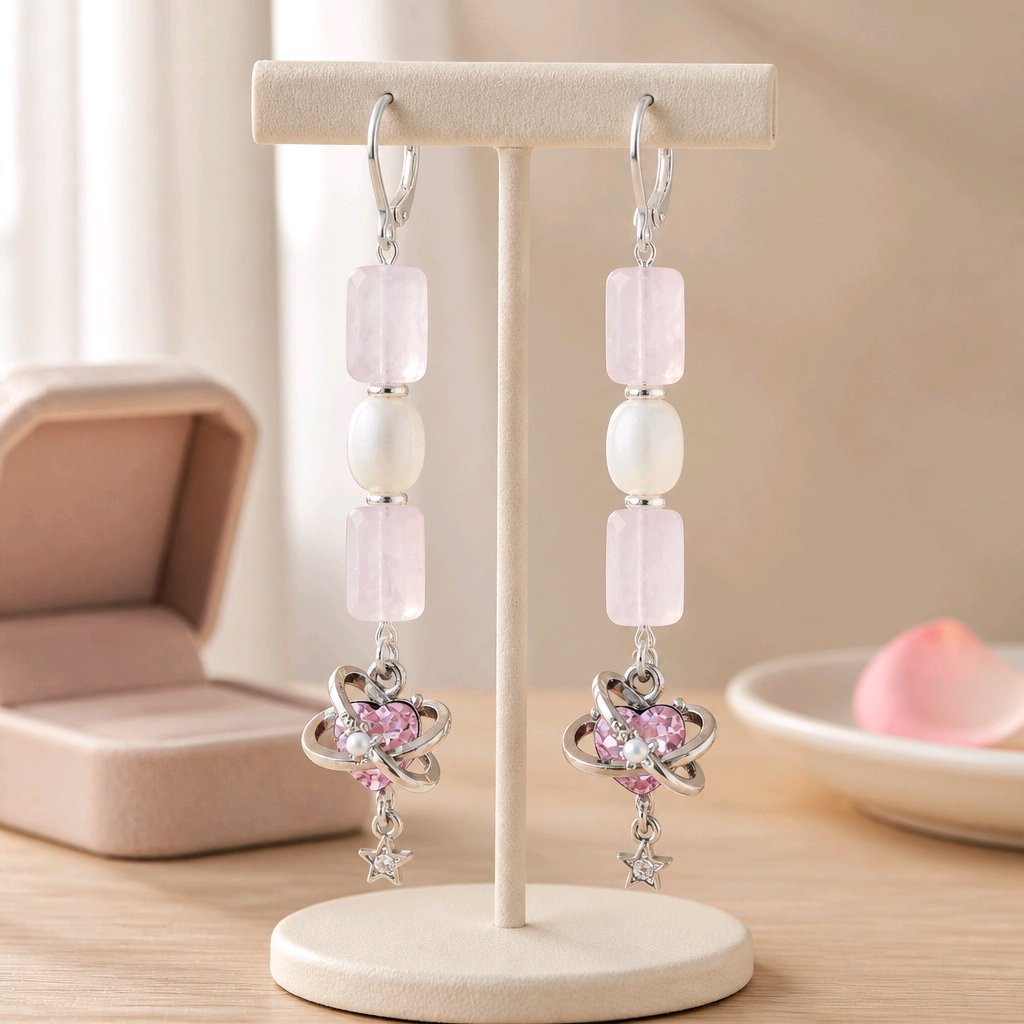 Saturn Heart Earrings - Rose Quartz & Pearly Cat's Eye | Mamabug ReCreations - Artisan Jewelry
