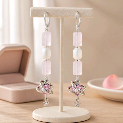 Saturn Heart Earrings - Rose Quartz & Pearly Cat's Eye | Mamabug ReCreations - Artisan Jewelry