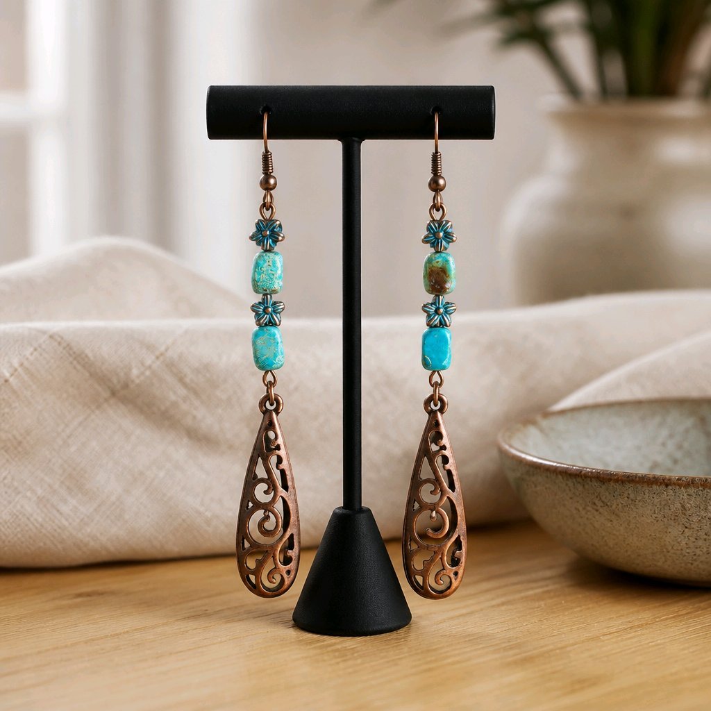 Turquoise & Antique Copper Filigree Earrings