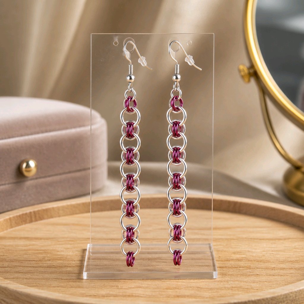 Fuchsia & Silver Helm Chainmaille Earrings