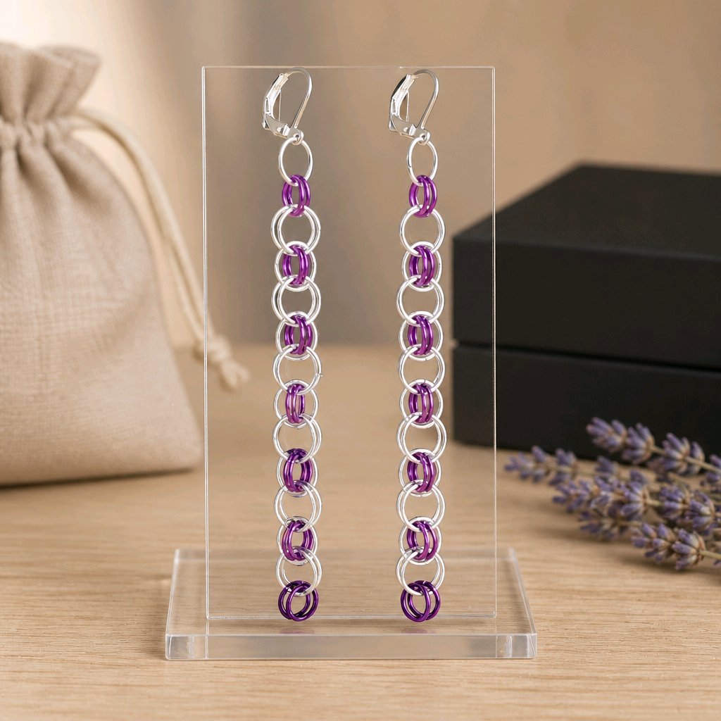 Purple & Silver Helm Chainmaille Earrings