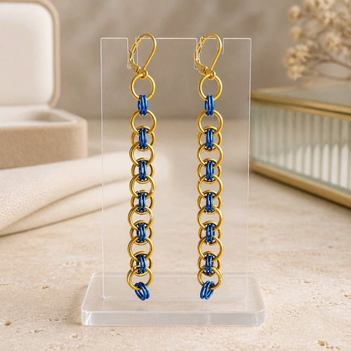 Gold & Blue Helm Chainmaille Earrings | Mamabug ReCreations - Artisan Jewelry