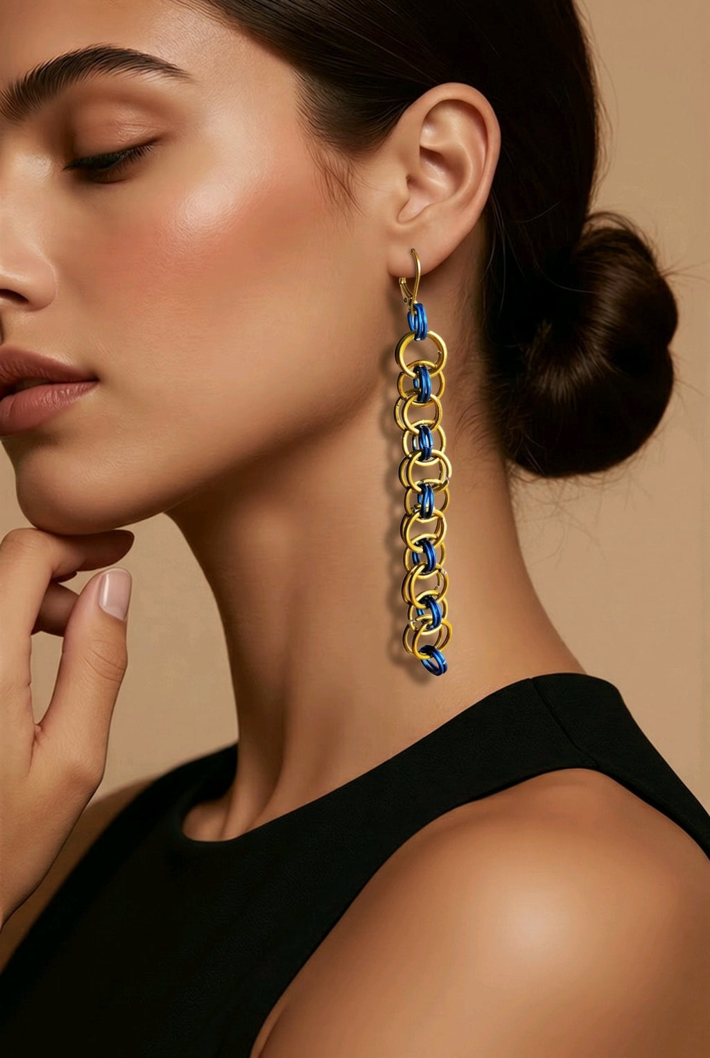 Gold & Blue Helm Chainmaille Earrings