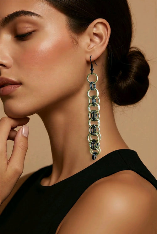 Electric Lime & Black Helm Chainmaille Earrings | Mamabug ReCreations - Artisan Jewelry