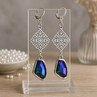 Silver Filigree & Blue Ice Crystal Dangle Earrings