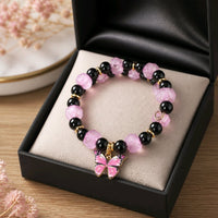 Pink Java Sea Glass & Obsidian Butterfly Charm Bracelet (MW)