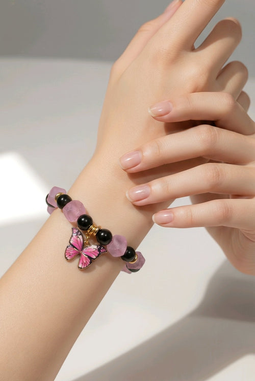 Pink Java Sea Glass & Obsidian Butterfly Charm Bracelet (MW) | Mamabug ReCreations - Artisan Jewelry