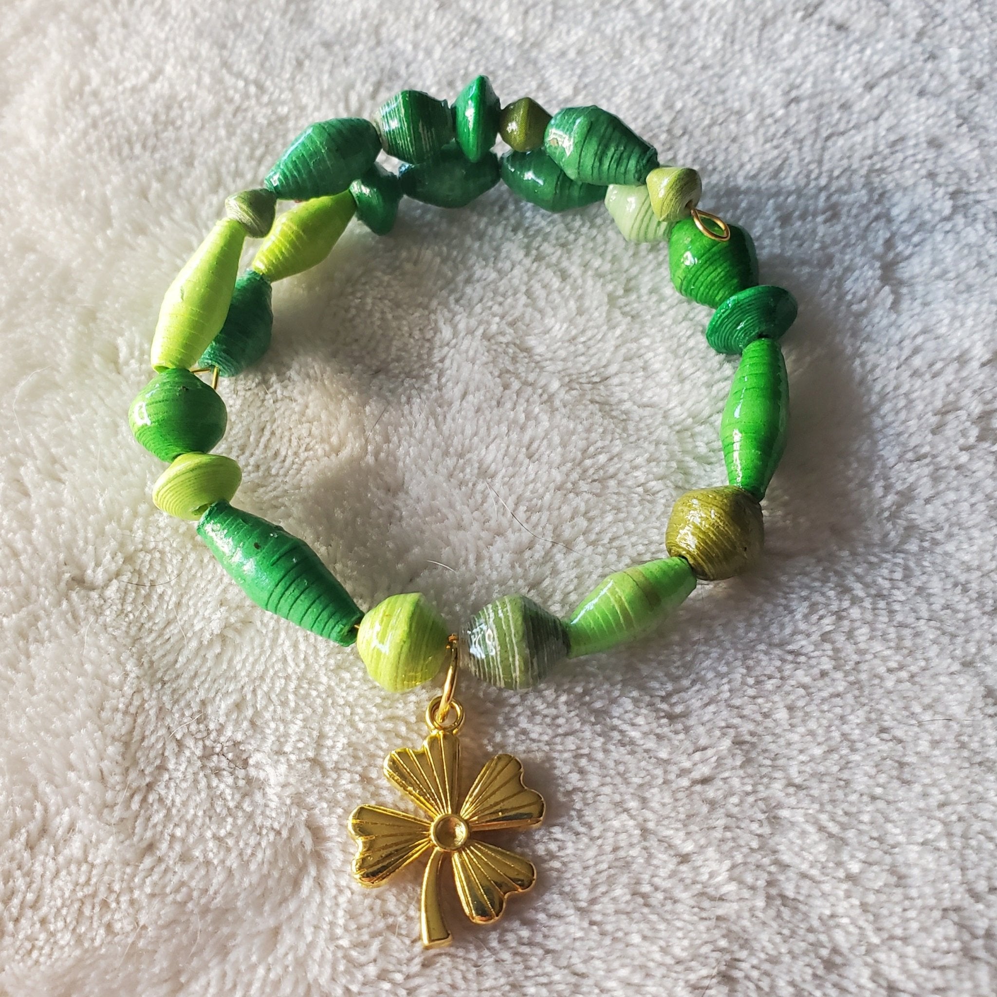 Green Recycled Bracelet with Gold Four - Leaf Clover (MW) | Mamabug ReCreations - Artisan Jewelry