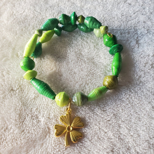 Green Recycled Bracelet with Gold Four - Leaf Clover (MW) | Mamabug ReCreations - Artisan Jewelry