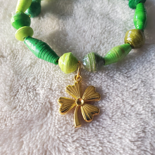 Green Recycled Bracelet with Gold Four - Leaf Clover (MW) | Mamabug ReCreations - Artisan Jewelry