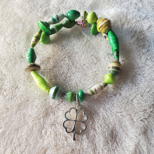 Green Recycled Bracelet with Silver Four - Leaf Clover (MW) | Mamabug ReCreations - Artisan Jewelry