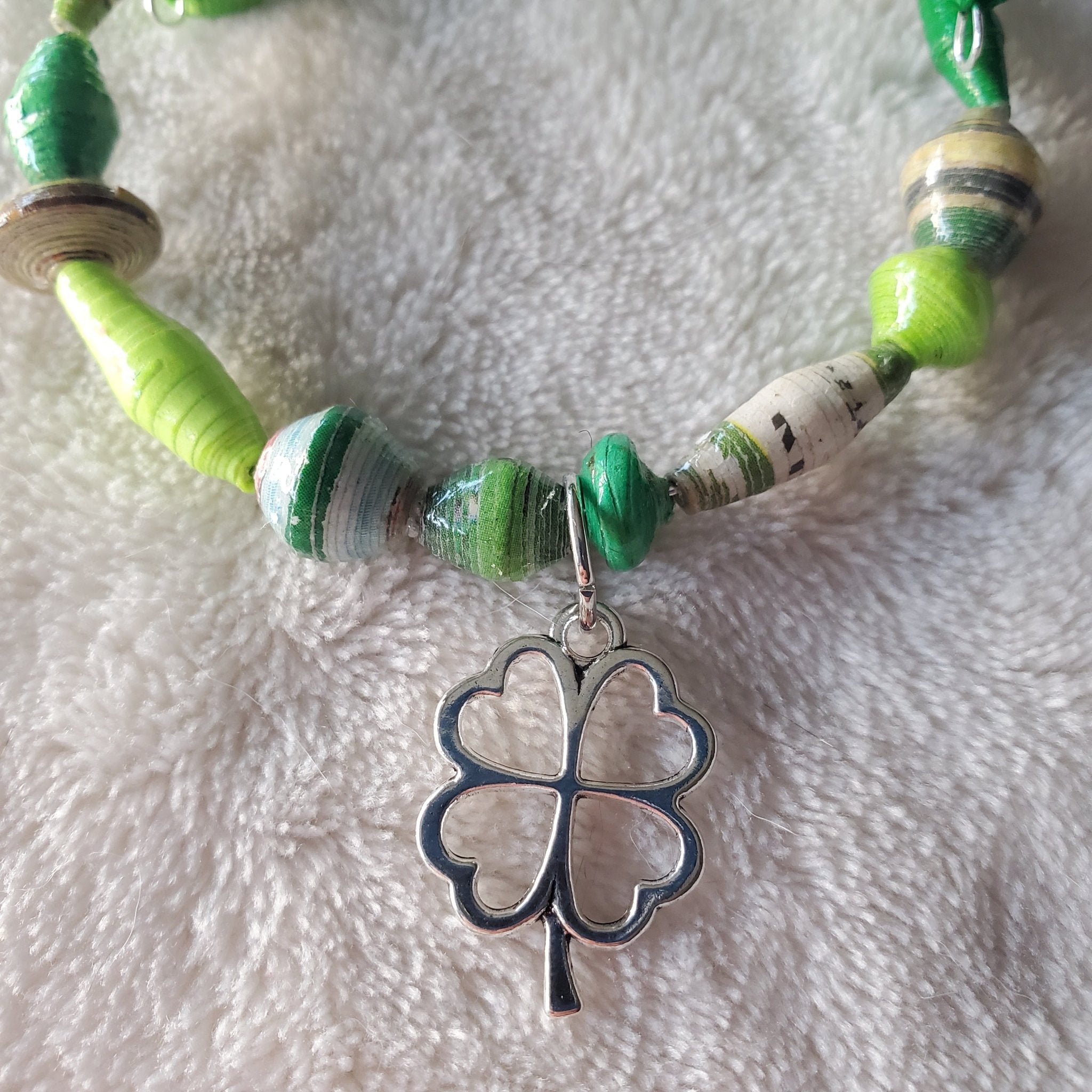 Green Recycled Bracelet with Silver Four - Leaf Clover (MW) | Mamabug ReCreations - Artisan Jewelry