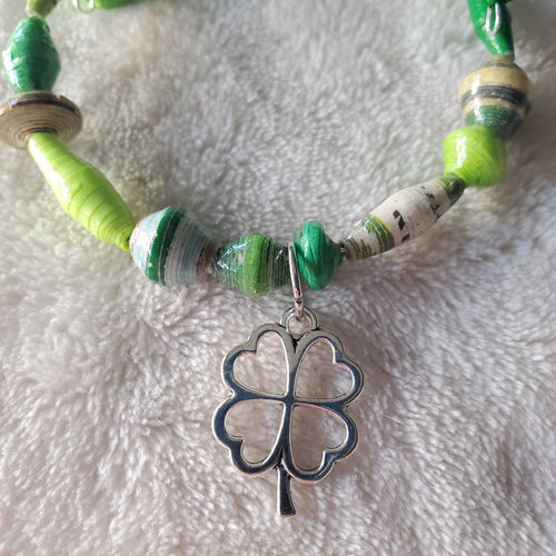 Green Recycled Bracelet with Silver Four - Leaf Clover (MW) | Mamabug ReCreations - Artisan Jewelry